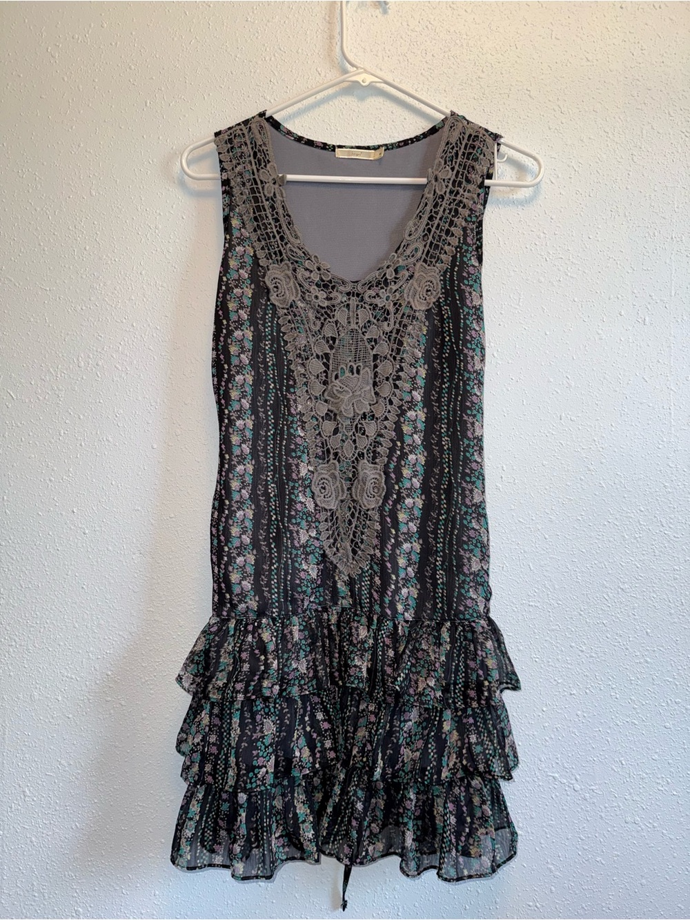 Hazel Floral Lace-Trim Black Mini Dress with Ruffled Hem